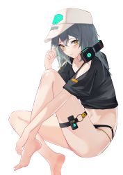 Rule 34 | 1girl, absurdres, antonina (neural cloud), bare legs, barefoot, baseball cap, black shirt, blush, clothing cutout, commentary request, crop top, girls&#039; frontline, girls&#039; frontline neural cloud, grey hair, hair between eyes, hand up, hat, headphones, headphones around neck, highres, knee up, long hair, looking at viewer, midriff, navel, o-ring, shirt, short sleeves, shoulder cutout, simple background, sitting, solo, stomach, thigh strap, thighs, white background, white hat, xiaobei, yellow eyes