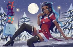 Rule 34 | 1girl, 1other, balancing on head, black footwear, black thighhighs, boots, box, christmas lights, christmas tree, creatures (company), dark-skinned female, dark skin, doiparuni, dress, earrings, eiscue, eiscue (ice), fur trim, game freak, gen 8 pokemon, gift, gift box, high heel boots, high heels, highres, hoop earrings, jewelry, lamppost, long hair, moon, multicolored hair, nessa (holiday 2021) (pokemon), nessa (pokemon), night, nintendo, official alternate costume, pokemon, pokemon (creature), pokemon masters ex, santa dress, sitting, smile, snow, snowing, thigh boots, thighhighs, two-tone hair, wavy hair