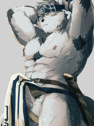 Rule 34 | 1boy, abs, adjusting clothes, adjusting headwear, ainu clothes, aoi (husiginokuninoa), armpit hair, armpits, arms behind head, bara, belt, bulge, chest hair, chest tuft, clothes lift, clothing aside, erection, erection under clothes, facing ahead, feet out of frame, fundoshi, fundoshi aside, furry, furry male, grey fur, highres, horkeu kamui, japanese clothes, large pectorals, male focus, mature male, muscular, muscular male, navel, nipples, pectorals, pelvic curtain, pelvic curtain lift, penis, penis peek, sheath, sheathed, short hair, solo, standing, stomach, sweat, thick thighs, thighs, tokyo houkago summoners, topless male, two-tone fur, wolf boy, yellow eyes