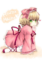 Rule 34 | 00s, 1girl, all fours, blonde hair, blush, bow, cross-laced footwear, curly hair, drill hair, food, green eyes, hair bow, heart, hinaichigo, kouji (campus life), mouth hold, pink bow, rozen maiden, solo