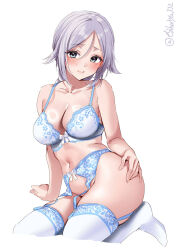 Rule 34 | 1girl, aqua eyes, arm support, bare shoulders, blue bra, blue garter belt, blue thighhighs, blush, bottomless, bra, breasts, cleavage, closed mouth, collarbone, convenient leg, ebifurya, foreshortening, garter belt, groin, hair between eyes, hair flaps, hand on own hip, highres, kantai collection, looking at viewer, medium breasts, mole, mole under eye, navel, no shoes, one-hour drawing challenge, simple background, sitting, solo, thighhighs, thighs, twitter username, umikaze (kancolle), underwear, underwear only, white background, yokozuwari
