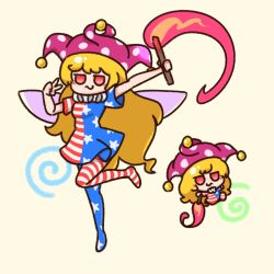 Rule 34 | 1girl, american flag dress, american flag pants, arm up, blonde hair, blue dress, blue pants, blush, breasts, chibi, closed mouth, clownpiece, commentary, commission, dress, english commentary, fairy wings, fire, flying, hands up, hat, highres, jester cap, leg up, long hair, looking at viewer, medium breasts, multicolored clothes, multicolored dress, multicolored eyes, multicolored pants, neck ruff, no shoes, numenoko, pants, pink eyes, pink fire, pink hat, polka dot, red dress, red eyes, red pants, short sleeves, simple background, smile, solo, standing, standing on one leg, star (symbol), star print, stripec, striped clothes, striped dress, striped pants, torch, touhou, white dress, white pants, wings, yellow background