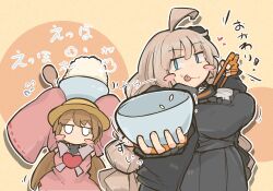 Rule 34 | :p, ahoge, arms up, black dress, black jacket, blue eyes, blush stickers, bowl, braid, breasts, brooch, brown hair, chopsticks, circle, commentary request, cowboy shot, dress, drop shadow, fingerless gloves, food, food on face, gloves, grey hair, hand up, hat, headphones, heart, heart brooch, highres, holding, holding bowl, holding chopsticks, jacket, jewelry, jitome, kizuna akari, large breasts, long hair, looking at viewer, low twintails, no mouth, open clothes, open jacket, orange background, orange gloves, outline, pink dress, raised eyebrows, rice, rice on face, school hat, shamoji, sheila ship2, sleeveless, sleeveless dress, sleeves past fingers, sleeves past wrists, smirk, solid oval eyes, tongue, tongue out, translation request, tsukuyomi ai, twin braids, twintails, two-tone background, very long hair, vocaloid, voiceroid, white outline, yellow background