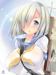 Rule 34 | 10s, 1girl, between breasts, blue eyes, blush, breasts, hair ornament, hair over one eye, hairclip, hamakaze (kancolle), kantai collection, large breasts, looking at viewer, maki (seventh heaven maxion), mecha musume, open mouth, school uniform, serafuku, short hair, silver hair, simple background, solo
