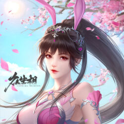 Rule 34 | 1girl, animal ears, blue sky, brown hair, cherry blossoms, closed mouth, cloud, douluo dalu, dress, falling petals, hair ornament, long hair, petals, pink dress, pink eyes, ponytail, rabbit ears, second-party source, sky, smile, solo, sun, upper body, xiao wu (douluo dalu), xing yan xi c