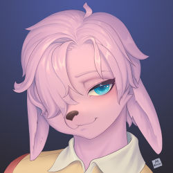 Rule 34 | 1girl, :3, animal ears, artist name, blue background, blue eyes, blush, closed mouth, commission, face, female focus, furry, furry female, gradient background, hair over one eye, half-closed eyes, happy, head tilt, lin mzhh, looking at viewer, original, pink hair, rabbit ears, shirt, short hair, signature, simple background, smile, solo, yellow shirt