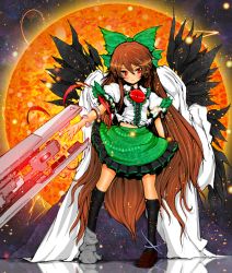 Rule 34 | 1girl, alternate weapon, arm cannon, asymmetrical footwear, black wings, bow, brown hair, cape, colorized, concrete, female focus, hair bow, lights, long hair, midriff, mismatched footwear, outstretched arm, rainney, red eyes, reflective floor, reiuji utsuho, shirt, shishigami (sunagimo), skirt, solo, sun, third eye, touhou, very long hair, weapon, wings