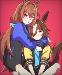 Rule 34 | 2girls, animal ears, belt, black jacket, blue jacket, blue scrunchie, brown belt, brown hair, closed mouth, commentary request, daiwa scarlet (umamusume), green eyes, hair ornament, hair over one eye, hair scrunchie, highres, horse ears, horse girl, horse tail, hug, indian style, jacket, long hair, looking at viewer, mouth hold, multicolored clothes, multicolored jacket, multiple girls, ooniooo oni, red background, red eyes, red hair, scrunchie, short hair, simple background, sitting, tail, twintails, two-tone jacket, umamusume, vodka (umamusume), yellow jacket