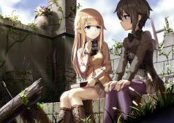 Rule 34 | 2girls, ange (princess principal), aya223, black neckwear, blonde hair, blue eyes, book, boots, bow, bowtie, breasts, brown footwear, brown hair, closed mouth, commentary request, dress, eye contact, grey dress, hair between eyes, hair flaps, holding, holding book, long hair, long sleeves, looking at another, medium breasts, multiple girls, pantyhose, plant, potted plant, princess (princess principal), princess principal, purple eyes, purple legwear, ruins, short hair, signature, sitting, smile, vines
