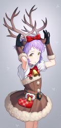 Rule 34 | 1girl, animal ears, bell, bow, bowtie, fake animal ears, gloves, hair bow, highres, horns, idolmaster, idolmaster million live!, looking at viewer, makabe mizuki, mimizubare, puffy short sleeves, puffy sleeves, purple hair, short hair, short sleeves, simple background, skirt, solo, yellow eyes