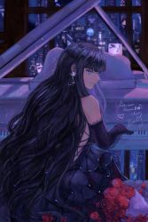 Rule 34 | 1girl, absurdly long hair, aquaplus, bare shoulders, black dress, black gloves, black hair, blue eyes, blush, breasts, city, cityscape, closed mouth, dress, earrings, flower, frilled dress, frills, from behind, gloves, hair over shoulder, happy birthday, highres, hime cut, indoors, instrument, jewelry, jml, large breasts, long dress, long hair, looking at viewer, music, night, nose, piano, piano keys, playing instrument, playing piano, rose, sidelocks, sitting, sleeveless, sleeveless dress, smile, solo, touma kazusa, very long hair, wavy hair, white album, white album (series), white album 2, window