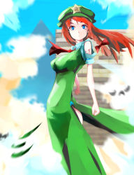 Rule 34 | 1girl, blood, blue eyes, braid, breasts, china dress, chinese clothes, cuts, dress, female focus, hat, hong meiling, injury, large breasts, long hair, red hair, solo, standing, star (symbol), tatwuku, touhou, twin braids