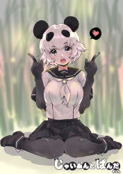 Rule 34 | 10s, 1girl, absurdres, animal ears, black eyes, black footwear, black gloves, black legwear, black sailor collar, black skirt, blouse, blurry, breasts, breasts squeezed together, character name, depth of field, elbow gloves, fang, geshumaro, giant panda (kemono friends), gloves, hands up, heart, highres, index finger raised, kemono friends, kemono friends 2, knees together feet apart, large breasts, looking at viewer, multicolored hair, neckerchief, open mouth, panda ears, pleated skirt, sailor collar, school uniform, serafuku, shirt, shoes, short hair, short sleeves, sitting, skirt, solo, speech bubble, spoken heart, wariza, white hair, white neckerchief, white shirt