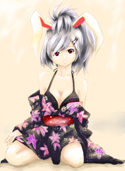 Rule 34 | 1girl, absurdres, alternate hairstyle, animal ears, bare shoulders, bra, breasts, rabbit ears, cleavage, female focus, folded ponytail, full body, hair ornament, hairclip, highres, japanese clothes, kimono, lingerie, maruto-b, medium breasts, open clothes, open kimono, red eyes, reisen udongein inaba, short hair, silver hair, solo, touhou, underwear
