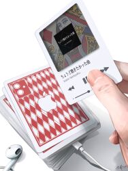 Rule 34 | apple inc., cable, card, commentary request, earphones, fingernails, highres, holding, holding card, original, out of frame, pause button, playing card, signature, simple background, translation request, utsusemi rari, white background
