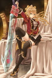 Rule 34 | 1girl, black footwear, black skirt, black thighhighs, blonde hair, boots, bow, earrings, fantasy earth zero, floral print, flower, frilled neckwear, frilled sleeves, frills, gem, gold, green eyes, high heels, holding, holding sword, holding weapon, jewelry, ponytail, reflection, rose, rose print, ryouku, sitting, skirt, smile, solo, sword, thighhighs, transparent, weapon, yellow bow