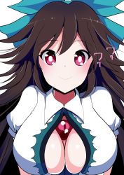 Rule 34 | 1girl, absurdres, amisu, blush, breasts, brown hair, cleavage, cleavage cutout, clothing cutout, hair ornament, hair ribbon, highres, large breasts, long hair, looking at viewer, puffy sleeves, red eyes, reiuji utsuho, ribbon, short sleeves, simple background, smile, solo, text focus, third eye, touhou, upper body, white background