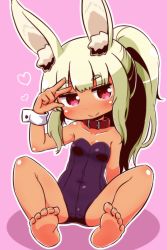 Rule 34 | 1girl, animal ear fluff, animal ears, arm up, bare legs, bare shoulders, barefoot, belt collar, blush, breasts, closed mouth, collar, collarbone, covered navel, etrian odyssey, fake animal ears, full body, green hair, heart, high ponytail, leotard, masurao (sekaiju), naga u, outline, pink background, playboy bunny, ponytail, purple leotard, rabbit ears, red collar, red eyes, sekaiju no meikyuu, sekaiju no meikyuu 5, sitting, small breasts, smile, soles, solo, spread legs, strapless, strapless leotard, thick eyebrows, white outline, wrist cuffs
