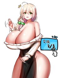 Rule 34 | 1girl, absurdres, ahoge, blonde hair, breasts, cleavage, curvy, dot nose, eyelashes, female focus, green eyes, highres, hip vent, huge breasts, kishi, loincloth, long hair, looking at viewer, mole, mole on breast, original, pink hair, secilia (kishi), shiny skin, solo, standing, thick thighs, thighs, white background, wide hips