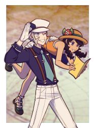 Rule 34 | 1boy, 1girl, alternate color, braid, bright pupils, brown hair, carrying, collared shirt, commentary, creatures (company), emmet (pokemon), flower, game freak, gloves, green necktie, grey eyes, grin, hat, hat flower, highres, holding, holding map, long sleeves, looking down, map, necktie, nintendo, orange shirt, pants, pokemon, pokemon bw, pokemon usum, red flower, selene (pokemon), shirt, sleeveless, sleeveless shirt, smile, submashell, suspenders, teeth, twin braids, white gloves, white headwear, white pants