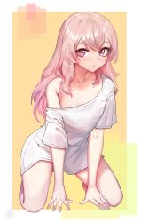 Rule 34 | 1girl, absurdres, areola slip, blush, borrowed clothes, breasts, closed mouth, hair between eyes, highres, inui sajuna, kneeling, long hair, looking at viewer, no bra, oversized clothes, oversized shirt, pink hair, purple eyes, shirt, simple background, small breasts, solo, sono bisque doll wa koi wo suru, unstableboiler, white shirt