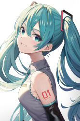 Rule 34 | 1girl, absurdres, aqua eyes, aqua hair, aqua necktie, arm tattoo, bare shoulders, bib (bibboss39), black sleeves, blush, breasts, character name, collared shirt, commentary, detached sleeves, from side, grey shirt, grin, hair between eyes, hatsune miku, highres, long hair, looking at viewer, looking to the side, low twintails, medium breasts, necktie, number tattoo, shirt, sidelocks, sleeveless, sleeveless shirt, smile, solo, tattoo, twintails, upper body, vocaloid