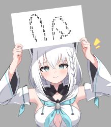 Rule 34 | 1girl, ^^^, animal ears, arms up, blue neckerchief, braid, breasts, cleavage cutout, clothing cutout, commentary request, detached sleeves, fox ears, fox girl, grey background, hands up, highres, holding, holding sign, hololive, kumarang, looking at viewer, medium breasts, meme, neckerchief, ribbon-trimmed sleeves, ribbon trim, shirakami fubuki, shirakami fubuki (1st costume), side braid, sign, simple background, single braid, smile, solo, straight-on, twitter rabbit ears (meme), upper body, virtual youtuber, white hair, wide sleeves