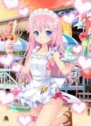Rule 34 | 1girl, apron, bad id, bad pixiv id, beach, bikini, blue eyes, buckle, building, carrying, drink, food, frills, heart, leg up, long hair, looking at viewer, maid headdress, megurine luka, outdoors, parfait, pink bikini, pink hair, polka dot, polka dot bikini, polka dot swimsuit, sandals, shaved ice, smile, solo, standing, standing on one leg, swimsuit, tray