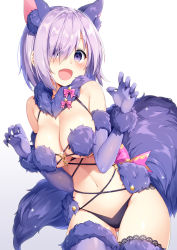 Rule 34 | 1girl, animal ears, animal hands, bare shoulders, bow, breasts, claw pose, cleavage, cowboy shot, elbow gloves, fang, fate/grand order, fate (series), fingernails, fur collar, fur trim, glint, gloves, gluteal fold, hair over one eye, large breasts, looking at viewer, mash kyrielight, mash kyrielight (dangerous beast), masuishi kinoto, navel, o-ring, o-ring top, official alternate costume, open mouth, panties, paw gloves, pink bow, purple eyes, purple gloves, purple hair, purple panties, purple thighhighs, revealing clothes, sharp fingernails, simple background, smile, solo, sparkle, tail, thighhighs, thighs, underwear, white background, wolf ears, wolf tail