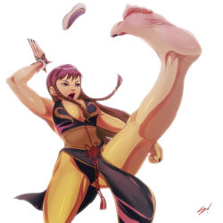 Rule 34 | 1girl, alternate costume, alternate hairstyle, barefoot, black panties, breasts, brown hair, capcom, china dress, chinese clothes, chun-li, cleavage, dress, feet, kicking, leg up, panties, pantyshot, scamwich, shoes, unworn shoes, soles, solo, street fighter, street fighter v, toes, underwear