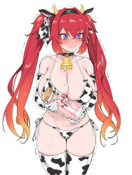 Rule 34 | 1girl, animal ears, animal print, bare shoulders, bell, bikini, blush, breasts, cain (gunnermul), collar, covered erect nipples, cow ears, cow horns, cow print, cow print bikini, elbow gloves, fake animal ears, gloves, groin, highres, horns, jar, large breasts, last origin, may of doom, mole, mole on breast, navel, neck bell, print bikini, purple eyes, red hair, solo, swimsuit, tears, thighhighs, trembling, twintails