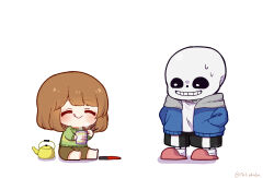 Rule 34 | 0725akaba, :q, ^ ^, absurdres, barefoot, black shorts, blue jacket, brown hair, brown shorts, chara (undertale), chibi, chopsticks, closed eyes, closed mouth, cup, disposable cup, green shirt, grin, highres, holding, holding chopsticks, holding cup, hood, hood down, hooded jacket, jacket, kettle, long sleeves, nissin cup noodle, open clothes, open jacket, red footwear, sans (undertale), shadow, shirt, shorts, simple background, sitting, skeleton, slippers, smile, socks, sweat, tongue, tongue out, twitter username, undertale, white background, white shirt, white socks