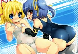 Rule 34 | 2girls, absurdres, all fours, ass, blonde hair, blue eyes, blue hair, blush, brown eyes, clothes pull, detached sleeves, highres, huge filesize, lying, multiple girls, one-piece swimsuit, one-piece swimsuit pull, original, ponytail, ribbon, school swimsuit, short hair, sorimura youji, spread legs, swimsuit, thighhighs, white one-piece swimsuit, white school swimsuit