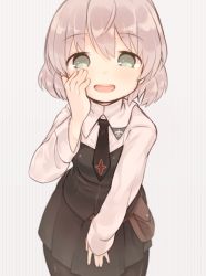 Rule 34 | 1girl, :d, aqua eyes, black necktie, black pantyhose, blush, grey hair, hand on own cheek, hand on own face, leaning forward, long sleeves, looking at viewer, military, military uniform, necktie, okayu (headless), open mouth, pantyhose, sanya v. litvyak, short hair, simple background, smile, solo, strike witches, uniform, world witches series
