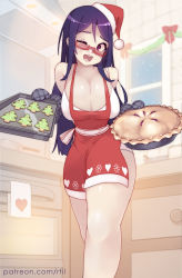 Rule 34 | 1girl, ;d, apron, black hair, blush, breasts, commentary, cookie, demi-chan wa kataritai, demon girl, food, hat, highres, large breasts, long hair, looking at viewer, narrow waist, nearly naked apron, one eye closed, open mouth, oven mitts, patreon username, pie, purple eyes, rtil, santa hat, satou sakie, smile, solo, strap gap, thighs, tray, watermark, web address
