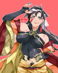 Rule 34 | 1girl, bare shoulders, black hair, bodysuit, breasts, chinese clothes, female focus, genderswap, genderswap (mtf), gloves, hand on own hip, highres, large breasts, long hair, looking at viewer, midriff, multicolored eyes, navel, ornament, qin shi huang, red eyes, shuumatsu no valkyrie, smile, solo, tattoo