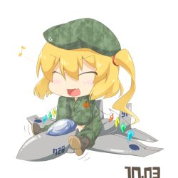 Rule 34 | 1girl, bad id, bad pixiv id, beret, blonde hair, blush, camouflage, chibi, eiri (eirri), fang, female focus, flandre scarlet, hat, open mouth, side ponytail, solo, touhou, wings