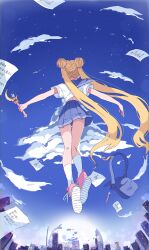 Rule 34 | 1girl, absurdres, bag, bishoujo senshi sailor moon, bishoujo senshi sailor moon (first season), blonde hair, blue skirt, cityscape, cloud, double bun, facing away, fisheye, floating, floating object, from behind, from below, full body, hair bun, highres, holding, holding wand, long hair, maboroshi no ginzuishou, moon stick (sailor moon), netapai1, outdoors, outstretched arms, paper, perspective, pink footwear, pleated skirt, shoe soles, short sleeves, skirt, sky, socks, solo, tsukino usagi, twintails, unworn bag, very long hair, wand, white socks