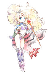 Rule 34 | 1girl, armor, bikini armor, blonde hair, blue eyes, boots, breasts, cape, detached sleeves, earrings, esper (saga 2), full body, gloves, holding, holding staff, jewelry, long hair, looking at viewer, navel, no s, pointy ears, saga, saga 2, simple background, small breasts, solo, staff, white background