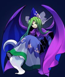 Rule 34 | 1girl, blue background, blue cape, blue dress, blue hat, bow, cape, capelet, crescent moon, crescent print, demon wings, dress, frilled dress, frills, full body, ghost tail, green eyes, green hair, hat, hat bow, holding, holding staff, kaigen 1025, light smile, long hair, long sleeves, mima (touhou), moon, purple cape, purple capelet, purple neckwear, see-through, simple background, solo, staff, star (symbol), star print, sun print, touhou, touhou (pc-98), two-tone cape, white bow, wings, wizard hat