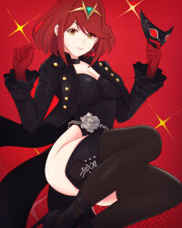 Rule 34 | 1girl, absurdres, black choker, black footwear, black jacket, black leotard, black thighhighs, breasts, choker, closed mouth, commentary, cosplay, earrings, frilled sleeves, frills, gloves, high heels, highres, holding, holding mask, jacket, jewelry, knees up, leotard, light smile, long sleeves, looking at viewer, mask, medium breasts, persona, persona 5, persona 5 the royal, pyra (xenoblade), red background, red eyes, red gloves, red hair, short hair, solo, swept bangs, tailcoat, thighhighs, tiara, truejekart, xenoblade chronicles (series), xenoblade chronicles 2, yoshizawa kasumi, yoshizawa kasumi (cosplay), zettai ryouiki