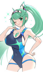 Rule 34 | 1girl, absurdres, alternate costume, breasts, chest jewel, gem, gonzarez, green eyes, green hair, headpiece, highres, large breasts, long hair, one-piece swimsuit, pneuma (xenoblade), ponytail, simple background, solo, swept bangs, swimsuit, tiara, very long hair, white background, xenoblade chronicles (series), xenoblade chronicles 2