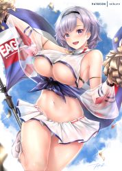 Rule 34 | 1girl, areola slip, azur lane, bare shoulders, blue sky, blush, breasts, cheerleader, covered erect nipples, crop top, crop top overhang, day, flag, grey hair, hair between eyes, hairband, holding, holding pom poms, jumping, large breasts, looking at viewer, midriff, miniskirt, navel, nipples, no panties, open mouth, patreon username, pom pom (cheerleading), pom poms, purple eyes, pussy, rei kun, reno (azur lane), reno (biggest little cheerleader) (azur lane), see-through, shirt, short hair, signature, skirt, sky, sleeveless, smile, solo, underboob, white skirt