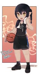 Rule 34 | 1boy, :d, ball, bare arms, basketball, basketball (object), basketball uniform, black footwear, black hair, black shirt, black shorts, border, braid, commission, fictional persona, final fantasy, final fantasy xiv, highres, jersey, lalafell, lamb-oic029, looking at viewer, male focus, open mouth, outside border, pointy ears, ponytail, red background, shirt, shoes, shorts, signature, skeb commission, sleeveless, sleeveless shirt, smile, socks, solo, sportswear, square enix, thank you, towel, towel around neck, warrior of light (ff14), white border, yellow eyes