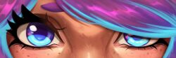 Rule 34 | 1girl, artist name, blue eyes, blue hair, close-up, eye focus, eyelashes, freckles, heart, jpeg artifacts, league of legends, lillia (league of legends), long eyelashes, looking at viewer, misseslimitless, multicolored hair, pink hair, solo