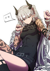 Rule 34 | 1girl, adapted costume, arknights, ascot, belt, black ascot, black belt, black nails, black shirt, black shorts, black socks, breasts, chain, chained sarkaz girl, closed mouth, commentary, cuffs, demon horns, earrings, feet out of frame, furrowed brow, grey hair, highres, horns, jewelry, long hair, looking at viewer, medium breasts, nail polish, orange eyes, pointy ears, ribbed legwear, sad, samacho, see-through, see-through sleeves, shackles, shirt, short shorts, shorts, simple background, single leg pantyhose, sitting, socks, solo, spoken expression, taut clothes, taut shirt, twintails, very long hair, white background