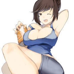 Rule 34 | 1girl, arm up, armpits, artist request, bare shoulders, breasts, brown eyes, brown hair, cleavage, highres, large breasts, mei (overwatch), one eye closed, open mouth, overwatch, overwatch 1, ponytail, short hair, sitting, solo, sweat