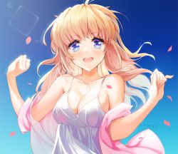 Rule 34 | 1girl, arms up, blonde hair, blue eyes, cherry blossoms, commission, dress, kana yukino, long hair, looking at viewer, open mouth, original, outdoors, signature, solo, teeth