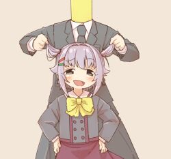 Rule 34 | 1girl, 1other, :d, black jacket, black necktie, black pants, blush, bow, brown eyes, brown skirt, collared shirt, commentary request, formal, grey background, grey hair, grey jacket, hair flaps, hair intakes, hair ornament, hairclip, hands on own hips, idolmaster, idolmaster cinderella girls, jacket, koshimizu sachiko, necktie, open mouth, p-head producer, pants, producer (idolmaster), shirt, simple background, skirt, smile, solo focus, suit, two side up, white shirt, yellow bow, yukie (kusaka shi)