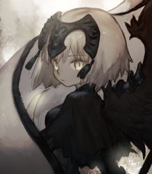 Rule 34 | banner, black wings, blonde hair, breasts, fate/grand order, fate (series), flag, frown, headpiece, jeanne d&#039;arc (fate), jeanne d&#039;arc alter (avenger) (fate), jeanne d&#039;arc alter (fate), leeis cool, looking back, signature, solo, tagme, tassel, wings, yellow eyes
